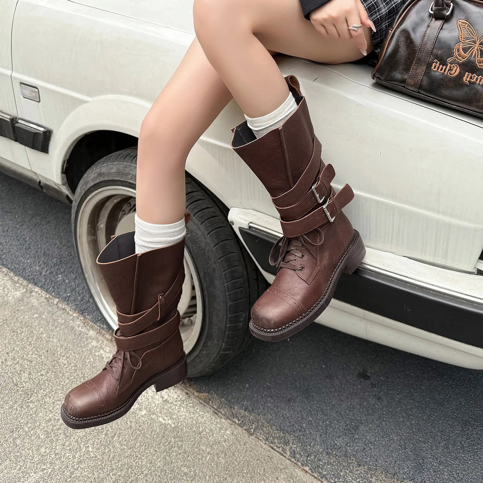 Autumn cowhide Motorcycle Boots