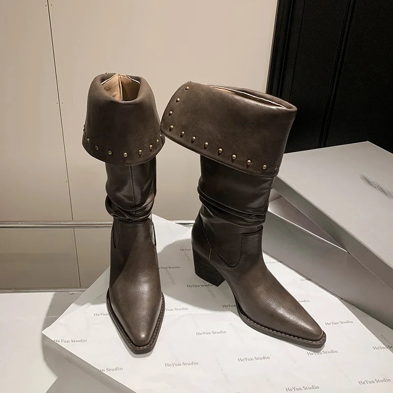 Autumn cowhide Pleated Western Boots