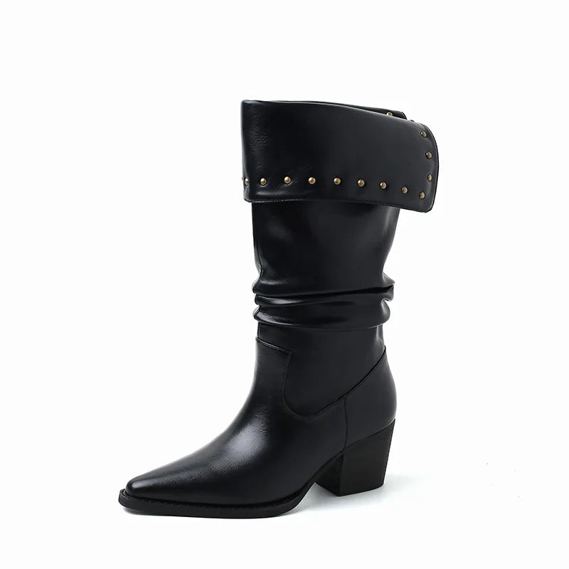 Autumn cowhide Pleated Western Boots