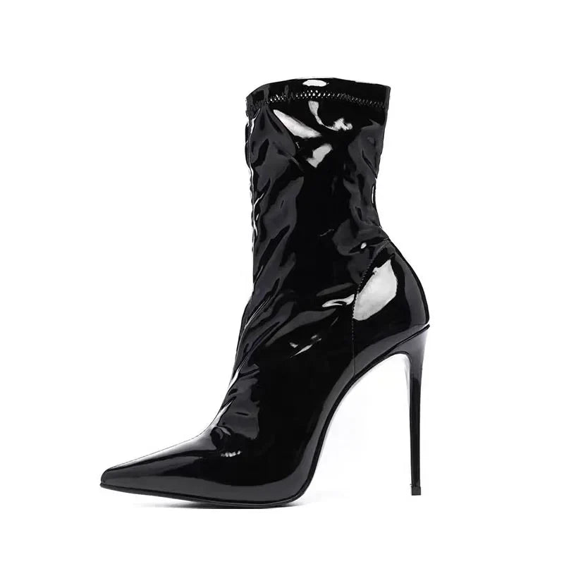 Brown Patent Leather Pointed toe Short Boots