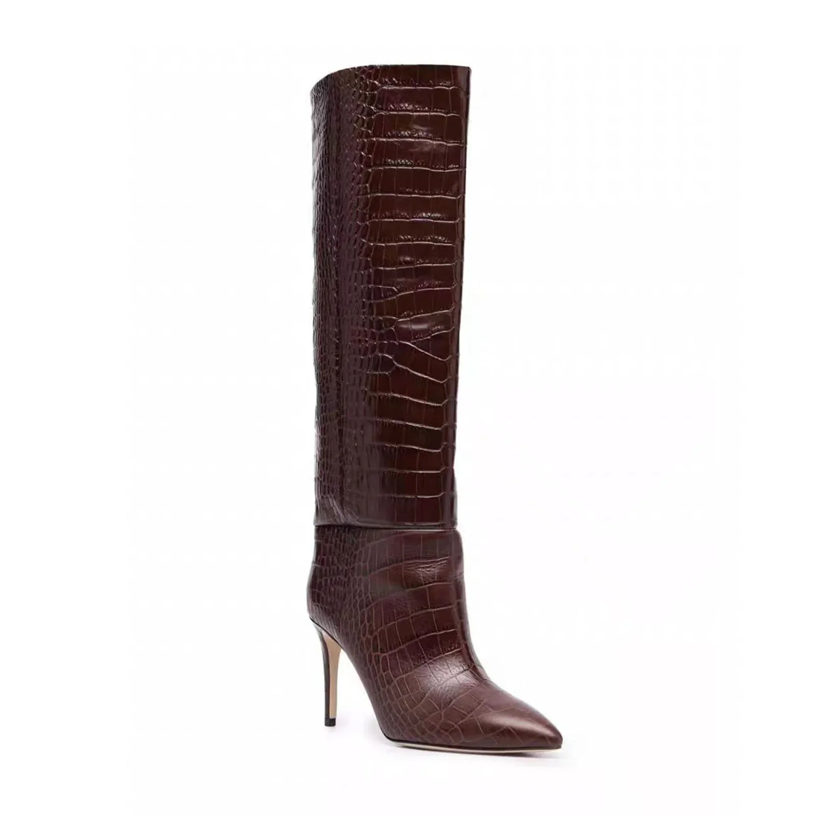Brown embossed leather Mid-Calf Boots