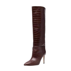 Brown embossed leather Mid-Calf Boots