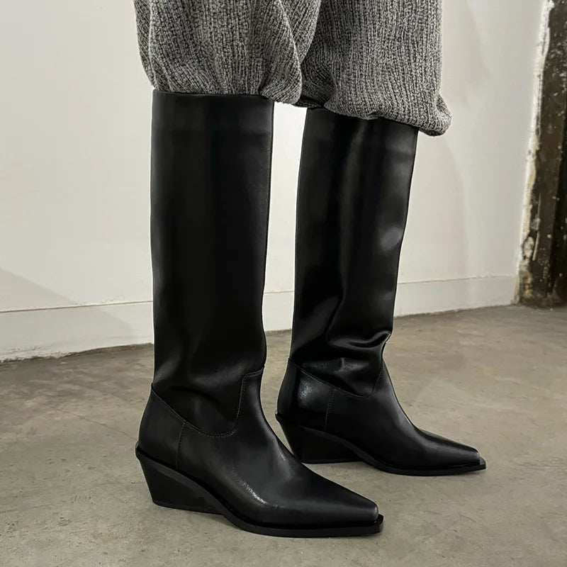 Spring Cowhide Wedges Knee high Boots