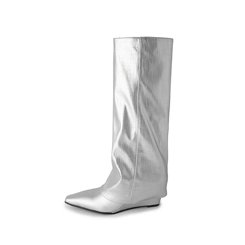 Spring Metal cowhide Turned-over Edge Knee high Boots