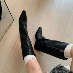 Spring Metal cowhide Turned-over Edge Knee high Boots