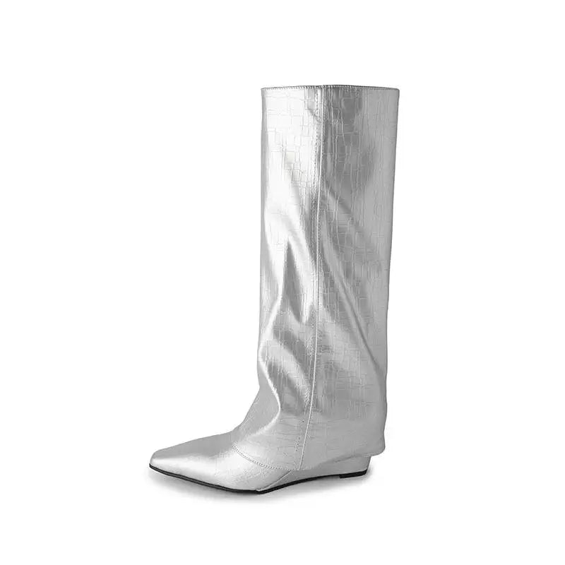 Spring Metal cowhide Turned-over Edge Knee high Boots
