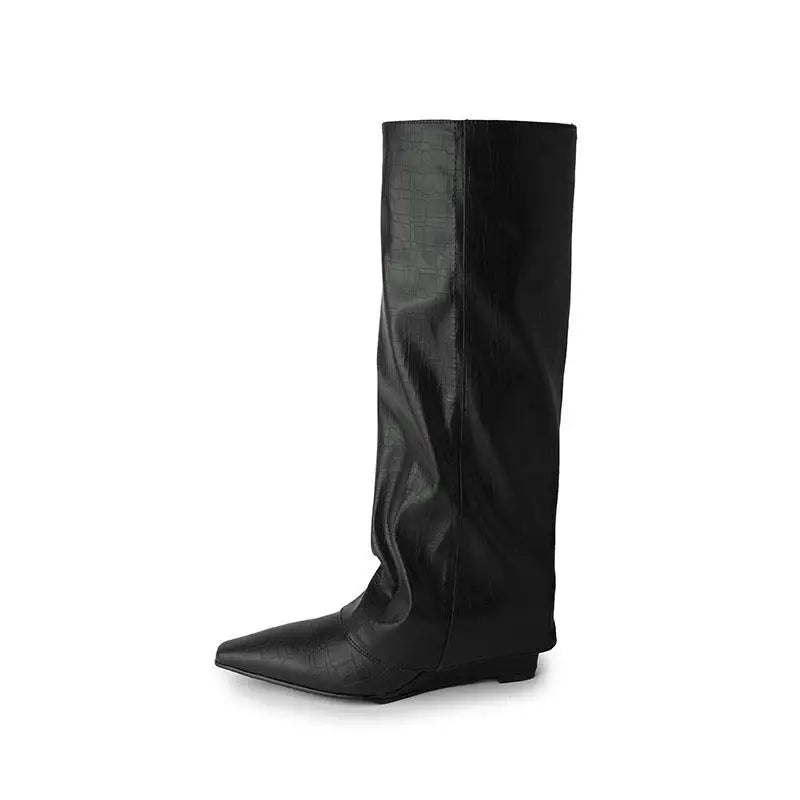 Spring Metal cowhide Turned-over Edge Knee high Boots