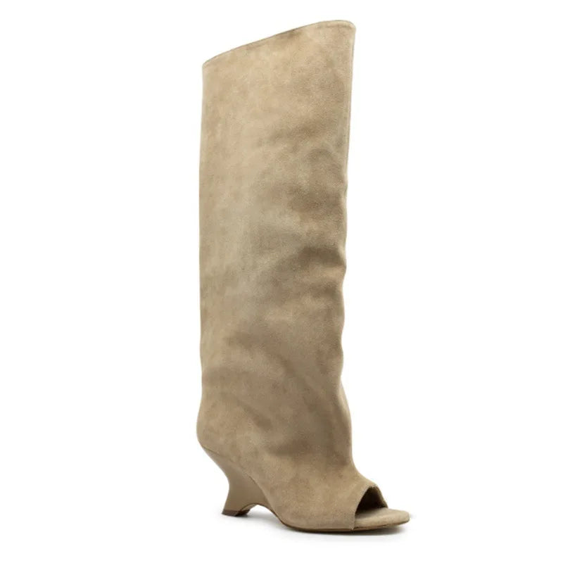 Summer Brown suede Peep toe Wedges Knee high Boots
