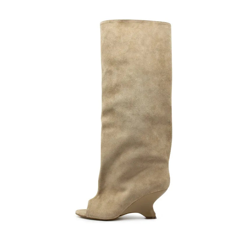 Summer Brown suede Peep toe Wedges Knee high Boots