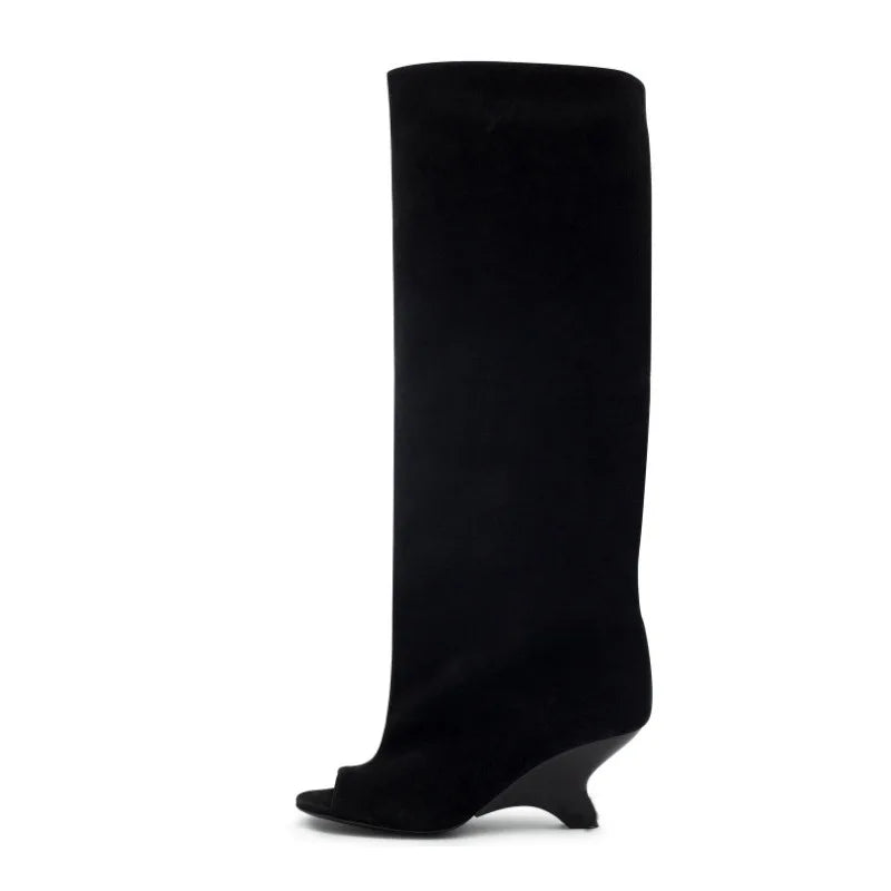 Summer Brown suede Peep toe Wedges Knee high Boots