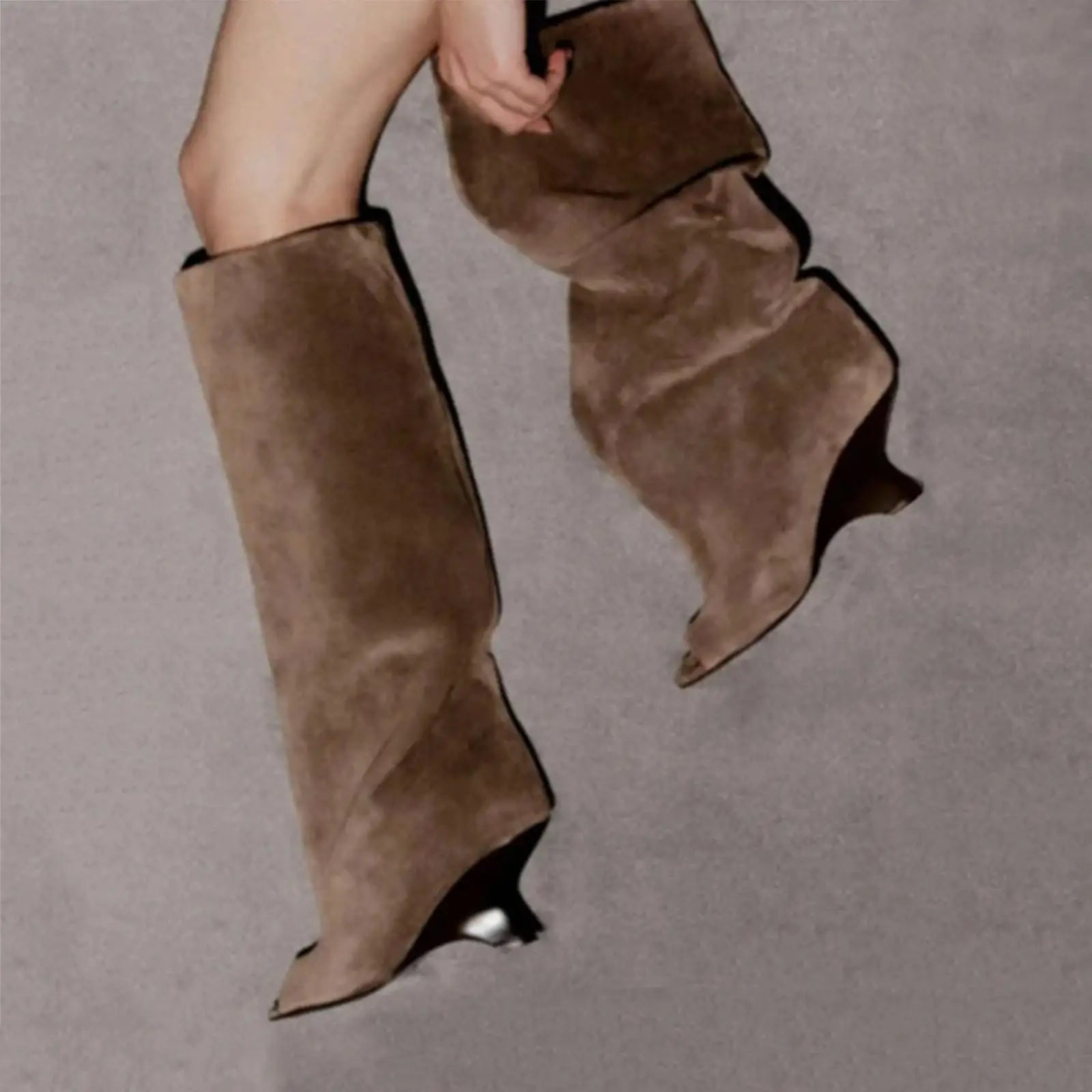 Summer Brown suede Peep toe Wedges Knee high Boots