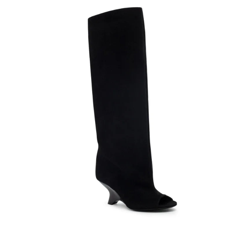 Summer Brown suede Peep toe Wedges Knee high Boots