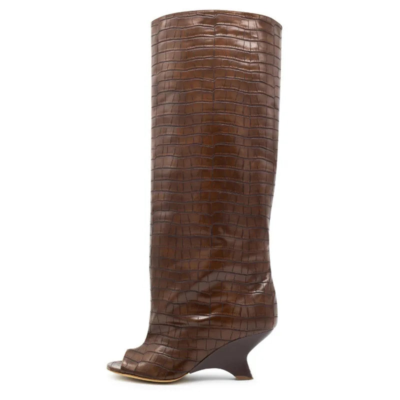 Summer Brown suede Peep toe Wedges Knee high Boots