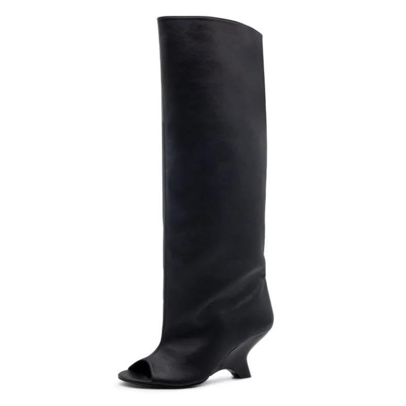 Summer Brown suede Peep toe Wedges Knee high Boots