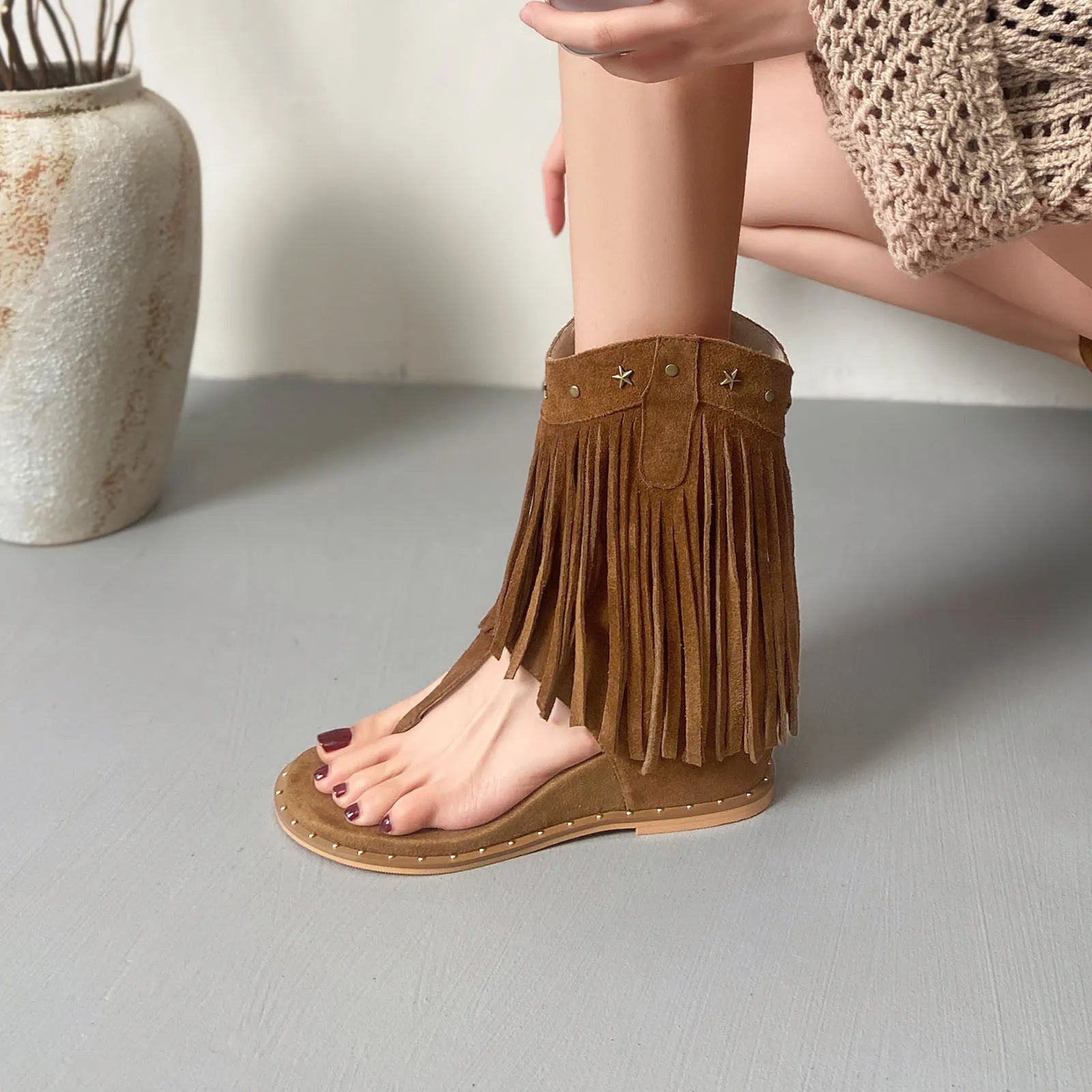 Summer Cow suede Pinch toe Tassels Boots