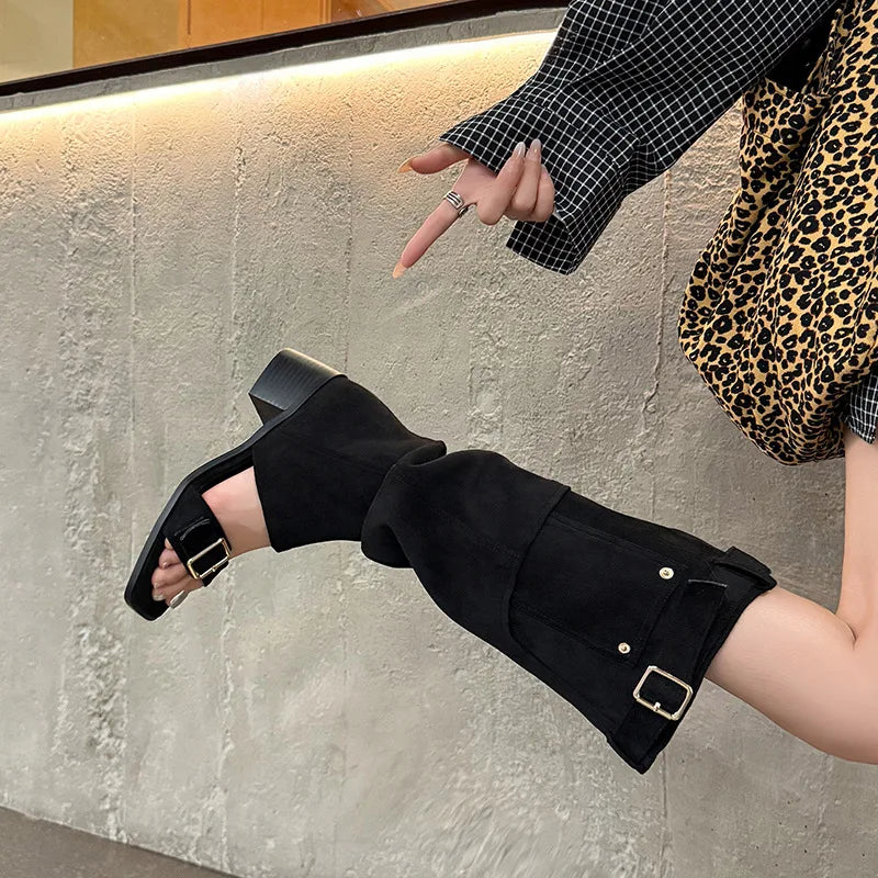 Summr Belt buckle Suede Knee high Boots