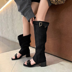 Summr Belt buckle Suede Knee high Boots
