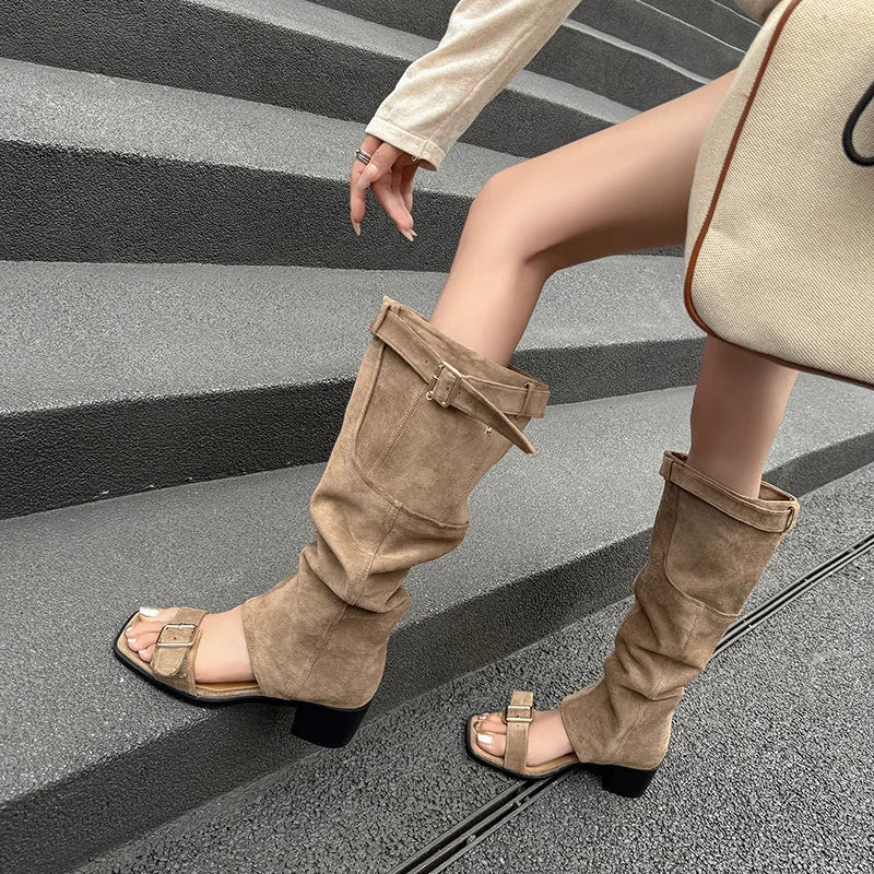 Summr Belt buckle Suede Knee high Boots
