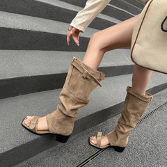 Summr Belt buckle Suede Knee high Boots