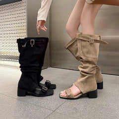 Summr Belt buckle Suede Knee high Boots
