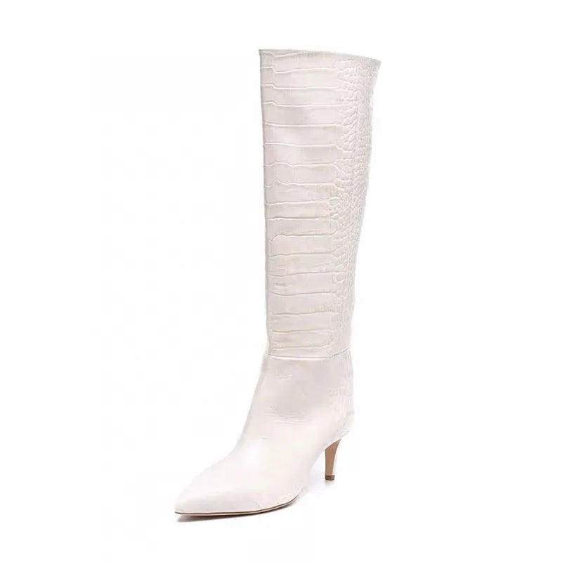 White crocodile grain Knee high Boots