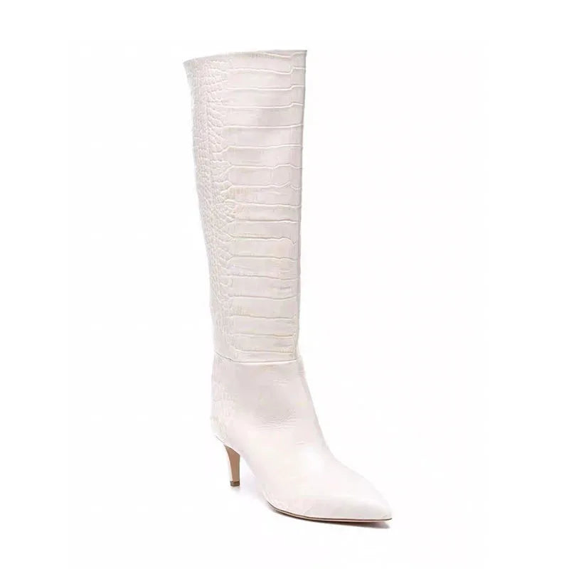 White crocodile grain Knee high Boots