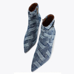 Woman's Autumn blue Plaid denim Ankle Boots