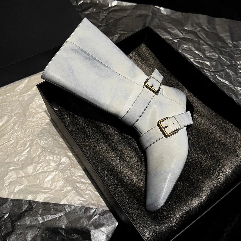 Autumn Belt buckle cowhide Mid-Calf Boots