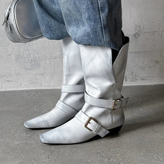 Autumn Belt buckle cowhide Mid-Calf Boots