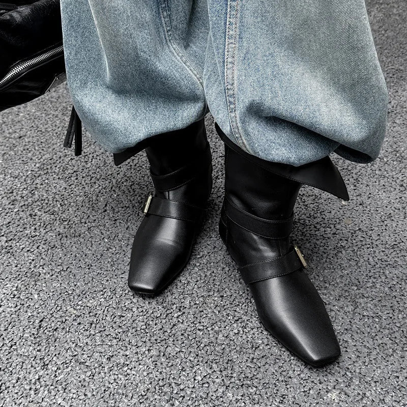 Autumn Belt buckle cowhide Mid-Calf Boots