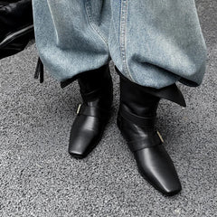 Autumn Belt buckle cowhide Mid-Calf Boots