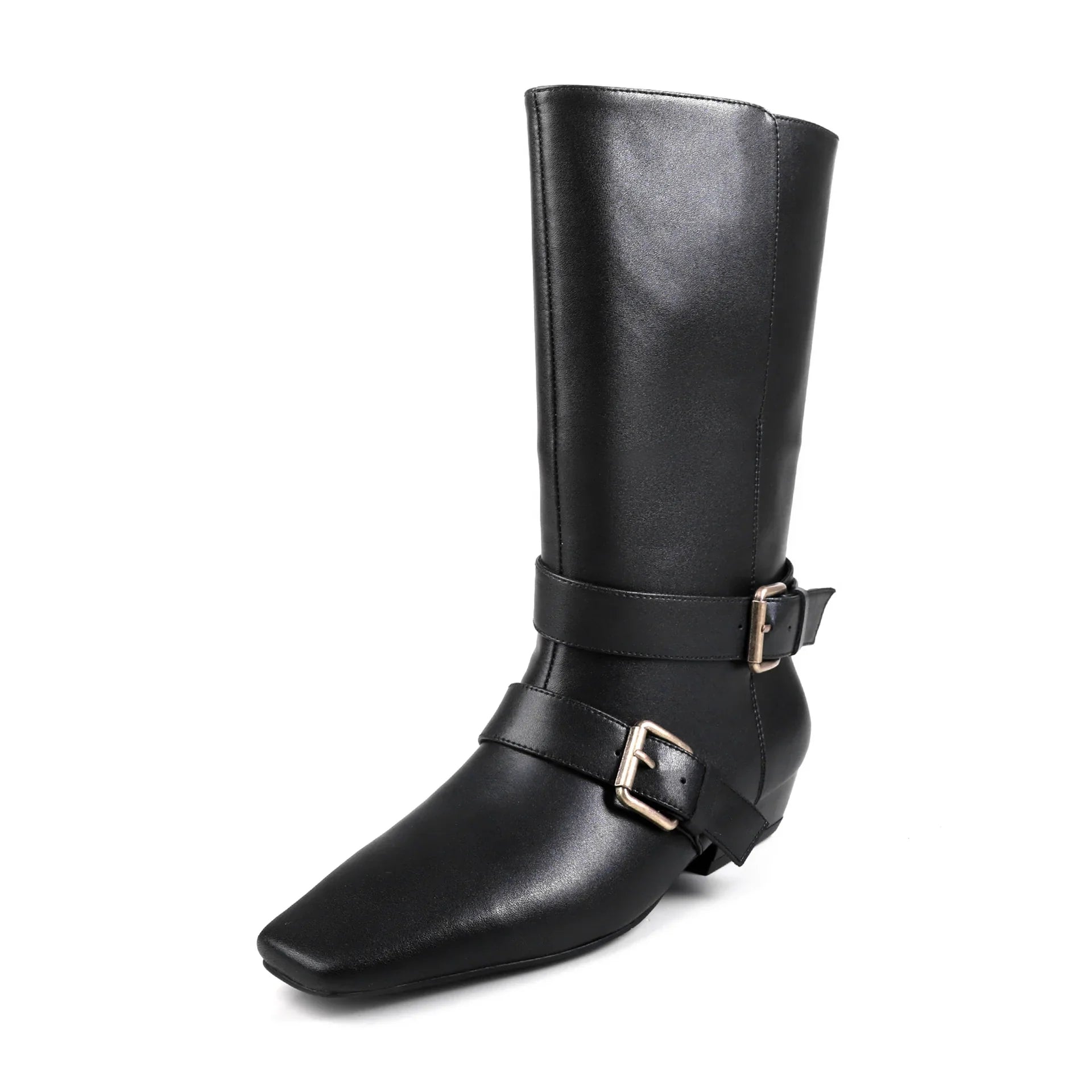 Autumn Belt buckle cowhide Mid-Calf Boots