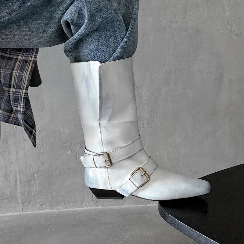 Autumn Belt buckle cowhide Mid-Calf Boots