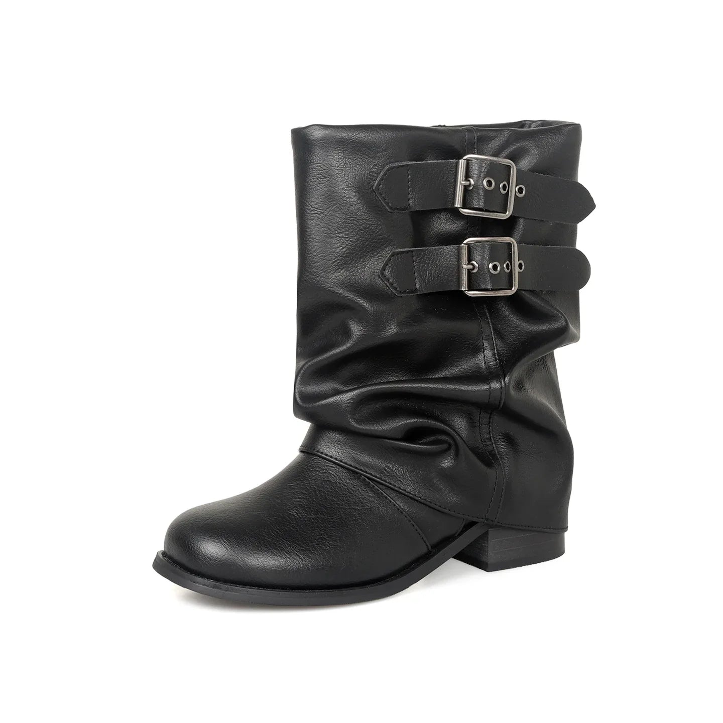 Autumn Belt buckle cowhide Pleated Short Boots