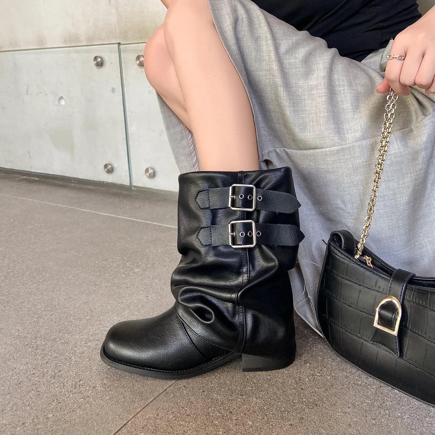 Autumn Belt buckle cowhide Pleated Short Boots