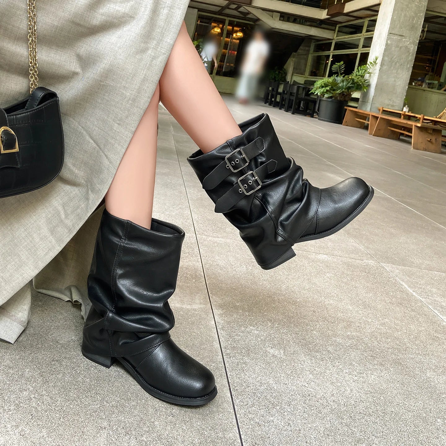Autumn Belt buckle cowhide Pleated Short Boots