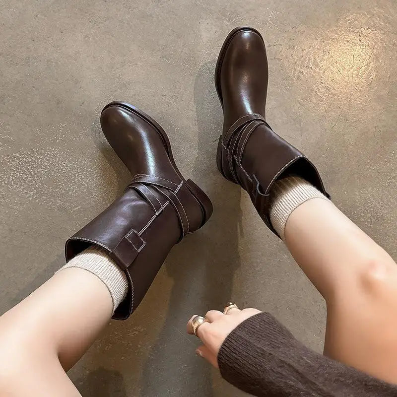Autumn Black Cowhide Motorcycle Boots