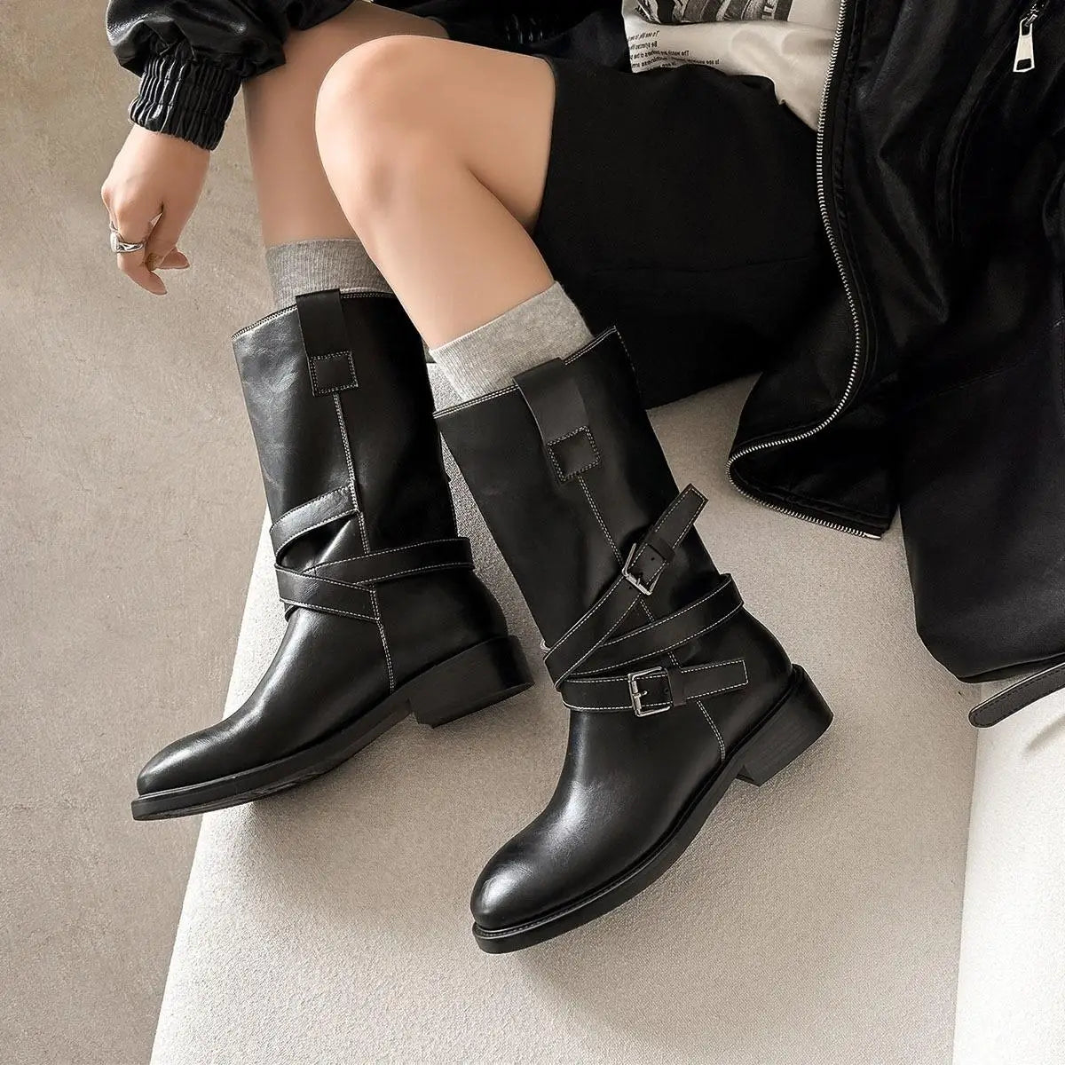 Autumn Black Cowhide Motorcycle Boots