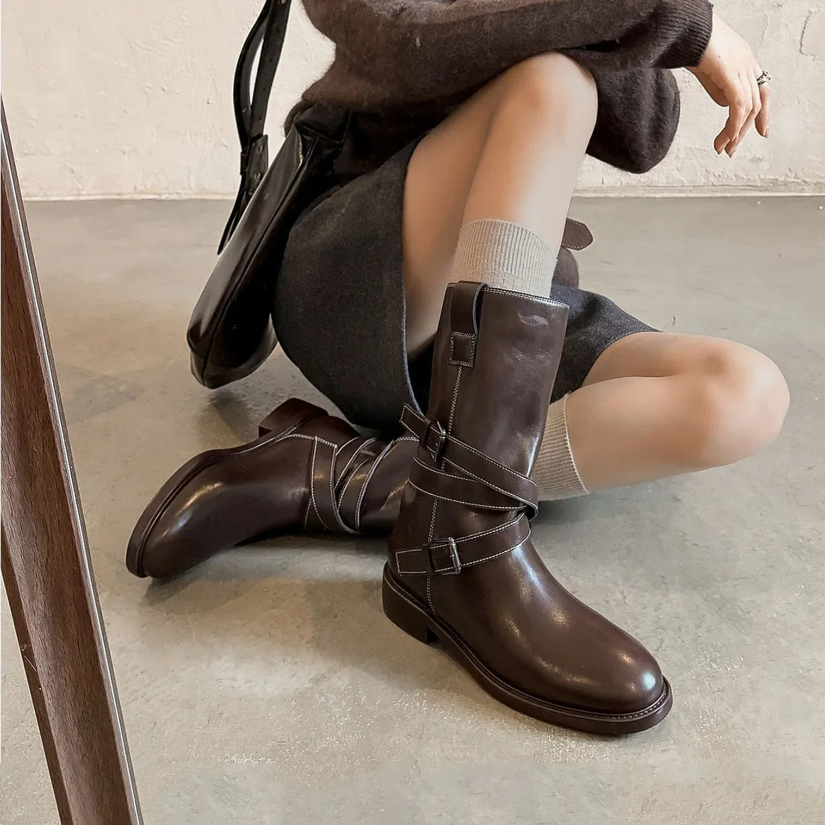 Autumn Black Cowhide Motorcycle Boots