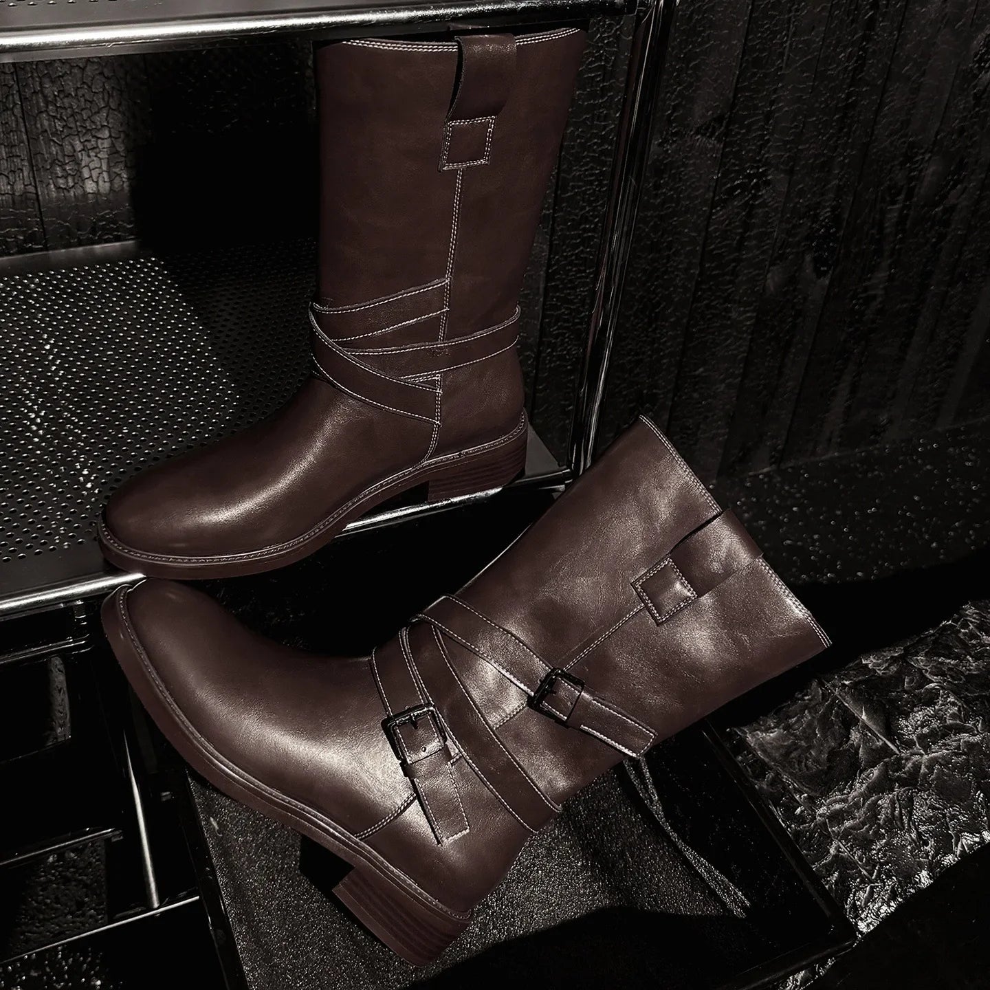 Autumn Black Cowhide Motorcycle Boots