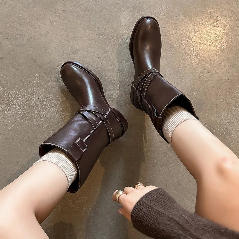 Autumn Black Cowhide Motorcycle Boots