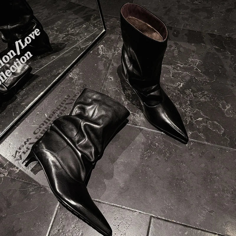 Autumn Black cowhide Kitten heel Short Boots