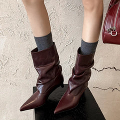 Autumn Black cowhide Kitten heel Short Boots