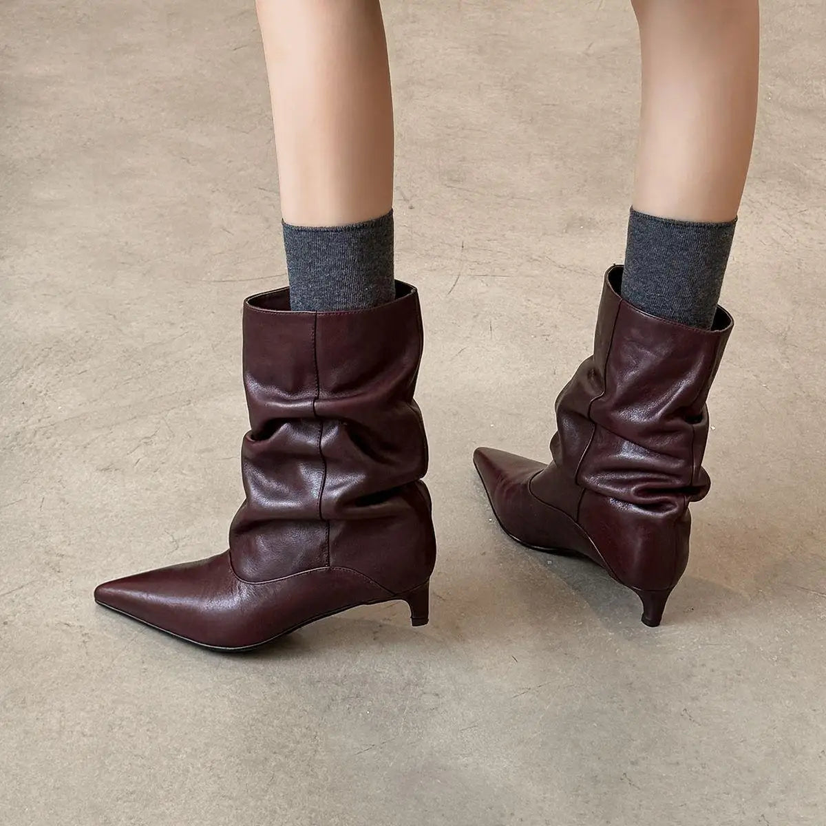 Autumn Black cowhide Kitten heel Short Boots
