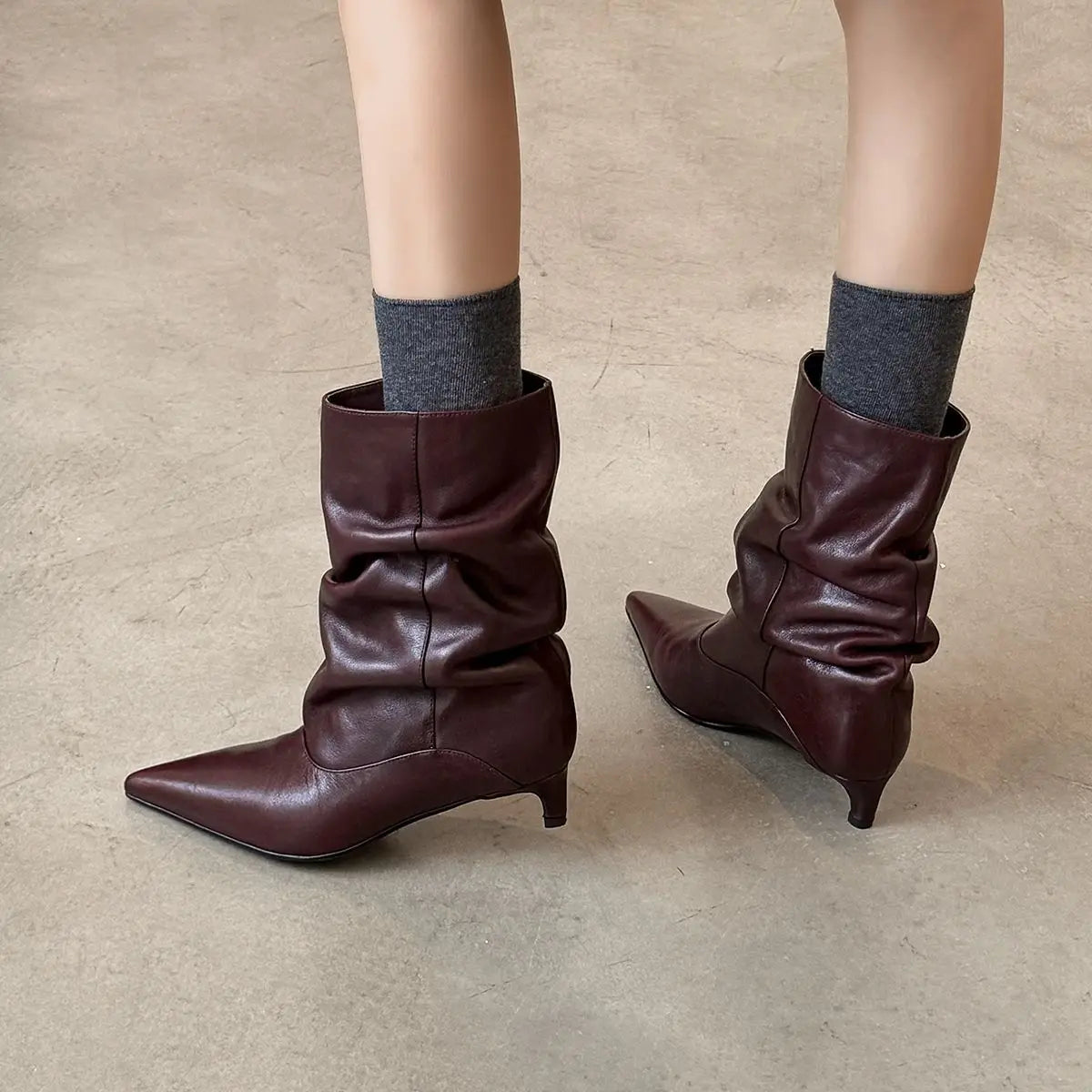 Autumn Black cowhide Kitten heel Short Boots