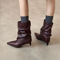 Autumn Black cowhide Kitten heel Short Boots