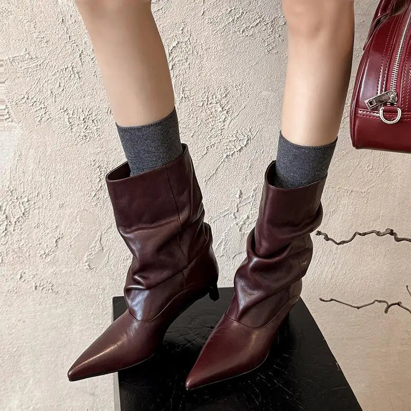 Autumn Black cowhide Kitten heel Short Boots