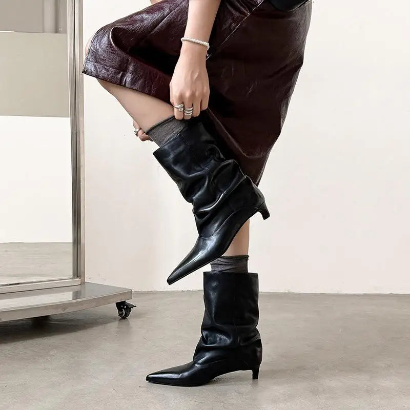 Autumn Black cowhide Kitten heel Short Boots