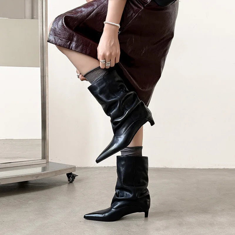 Autumn Black cowhide Kitten heel Short Boots