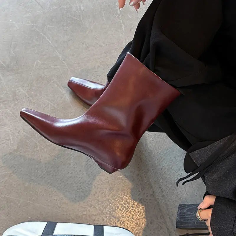 Autumn Black cowhide Slip-on Wedges Short Boots